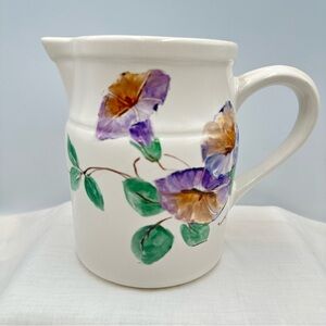 Pitcher Hand Painted Rundquist Ivory Purple Green Floral Small Chips Bottom
